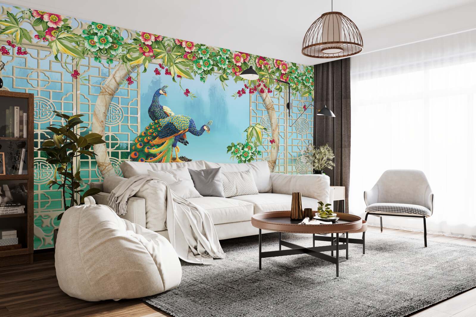 Fototapet fazani minunat pe un pod circular peste apă