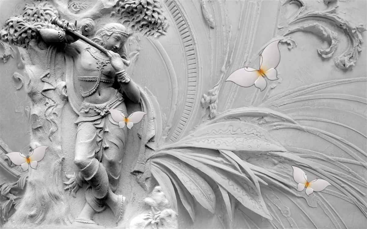 Fototapet basorelief cu flori și fluturi albi