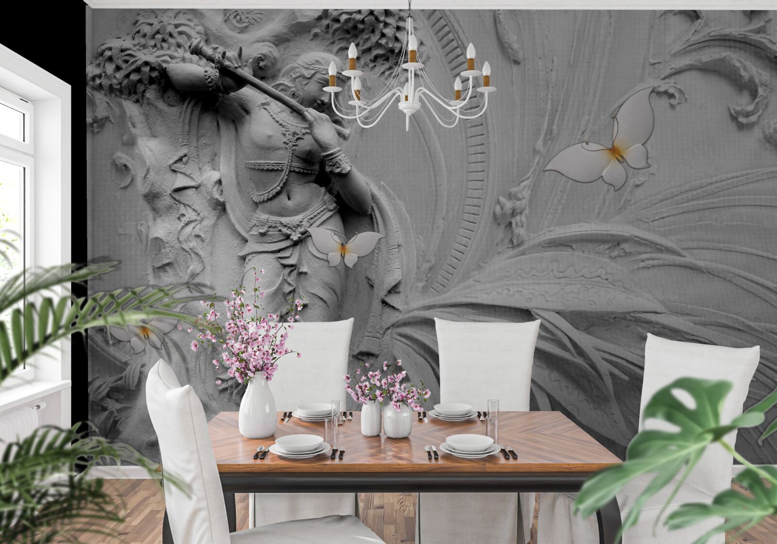 Fototapet basorelief cu flori și fluturi albi