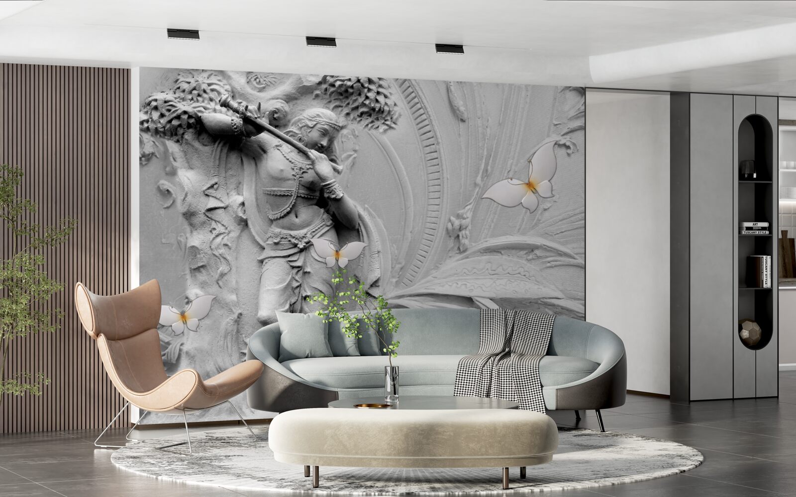 Fototapet basorelief cu flori și fluturi albi