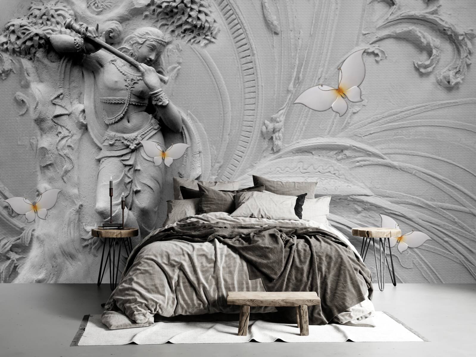 Fototapet basorelief cu flori și fluturi albi