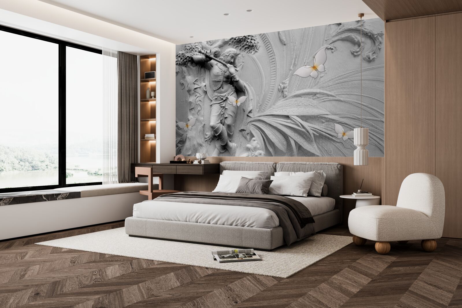 Fototapet basorelief cu flori și fluturi albi