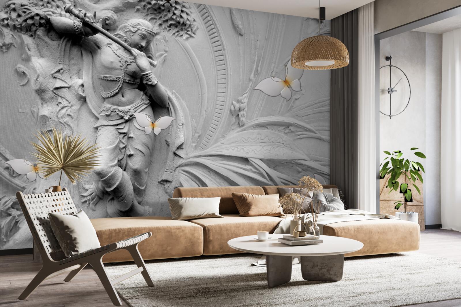 Fototapet basorelief cu flori și fluturi albi