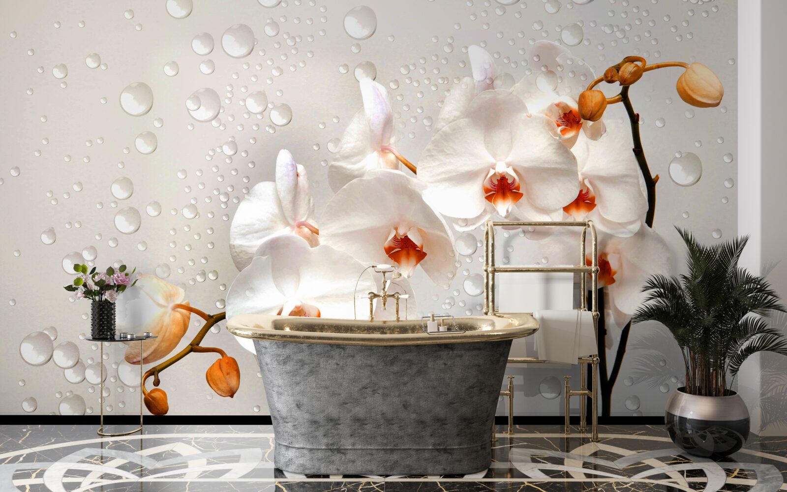 Fototapet picături mari de ploaie acoperă flori albe de lotus