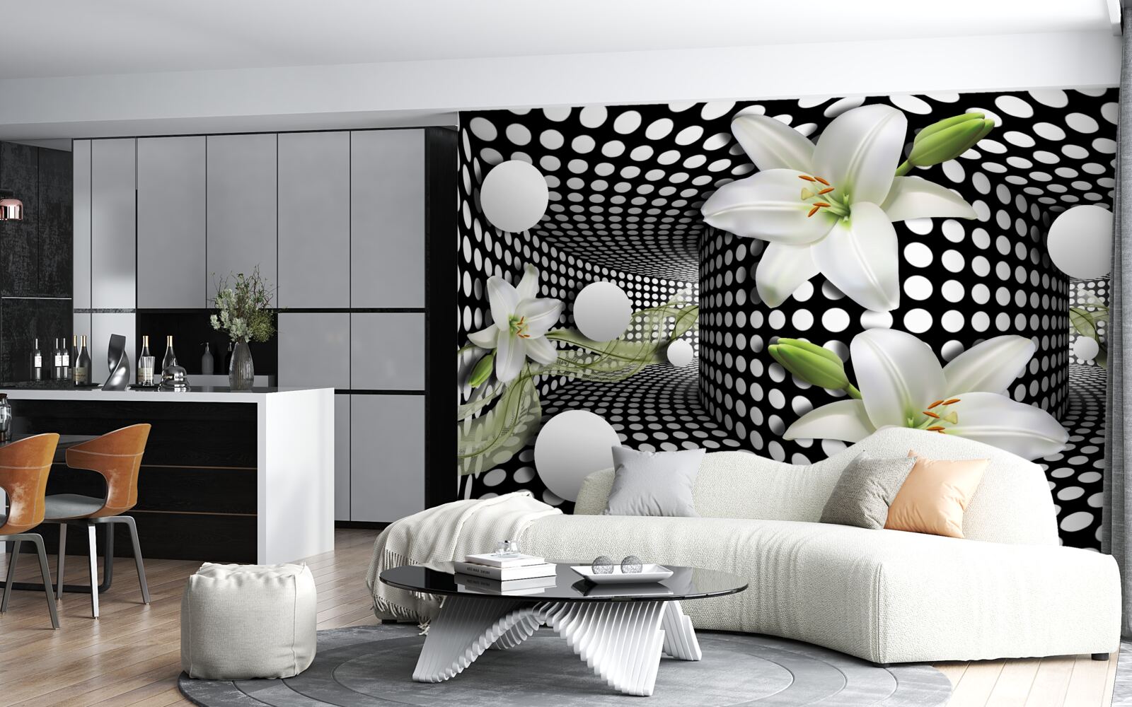 Fototapet lotusuri albe într-un coridor abstract