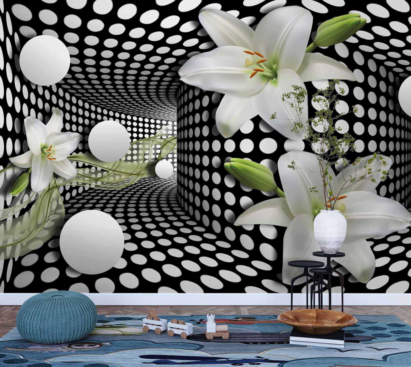 Fototapet lotusuri albe într-un coridor abstract