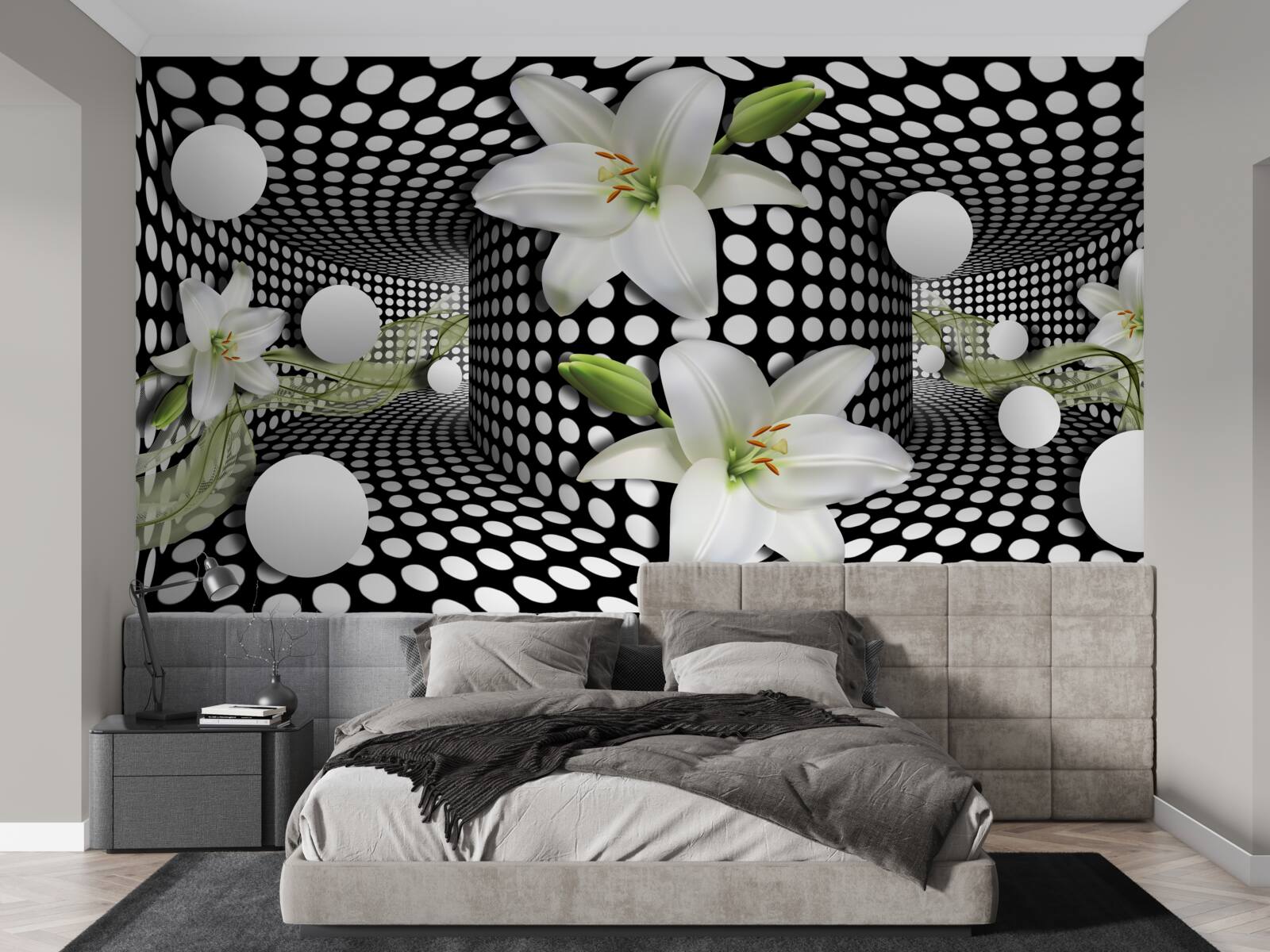 Fototapet lotusuri albe într-un coridor abstract