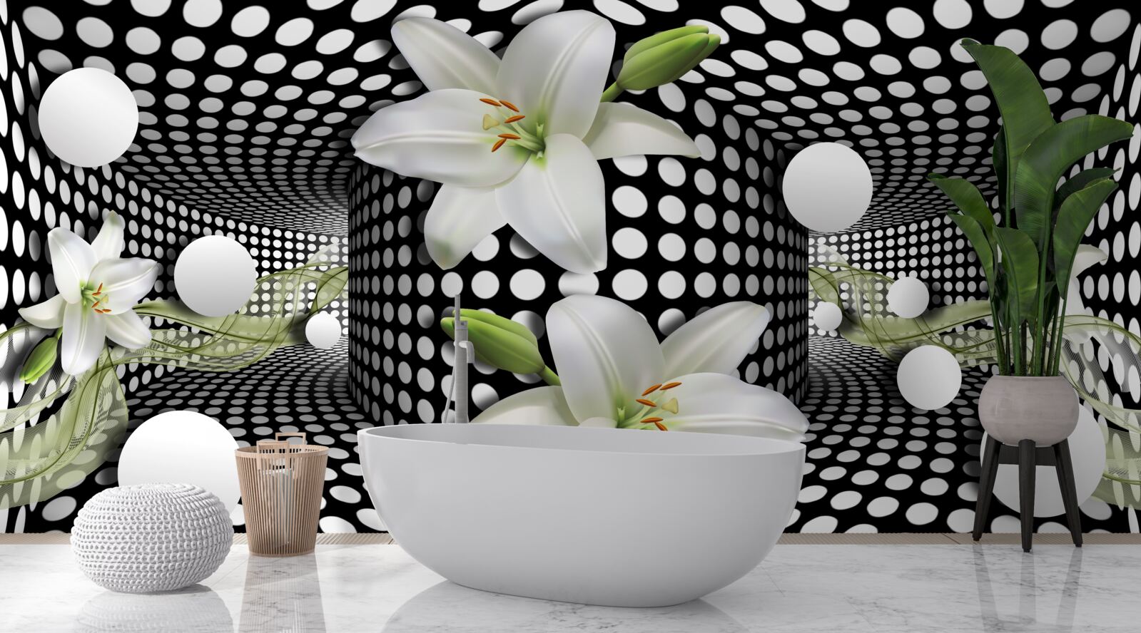 Fototapet lotusuri albe într-un coridor abstract