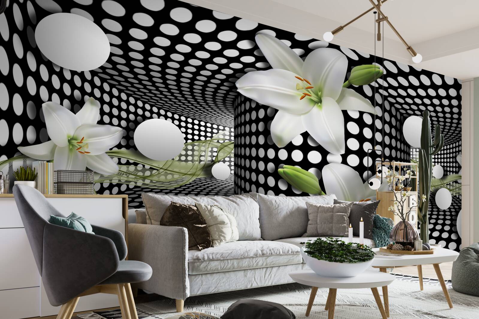 Fototapet lotusuri albe într-un coridor abstract