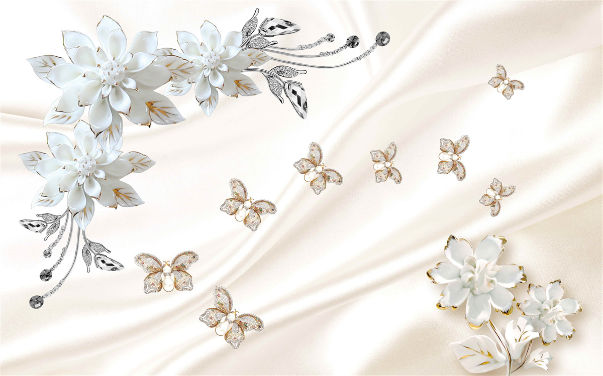 Fototapet fluturi de mătase flutură peste flori