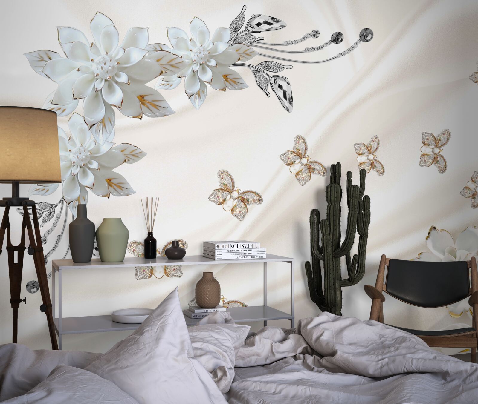 Fototapet fluturi de mătase flutură peste flori