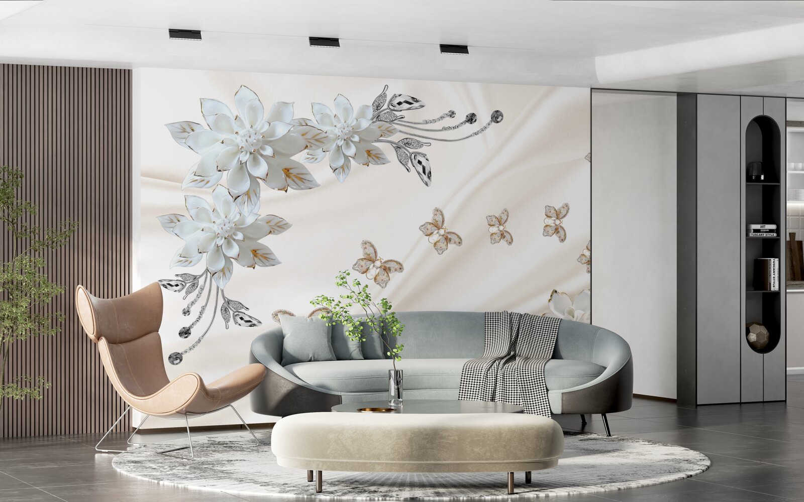 Fototapet fluturi de mătase flutură peste flori