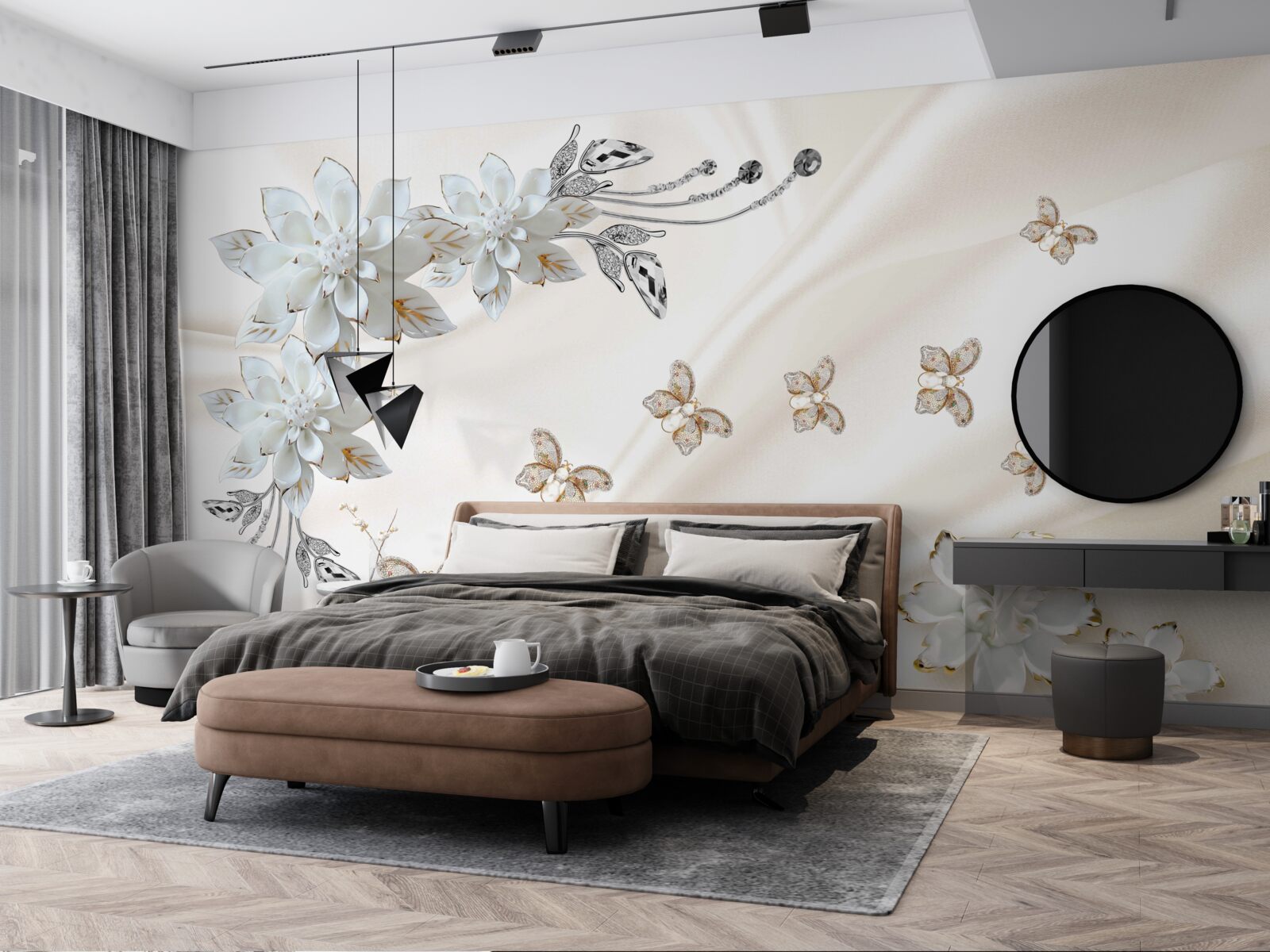 Fototapet fluturi de mătase flutură peste flori