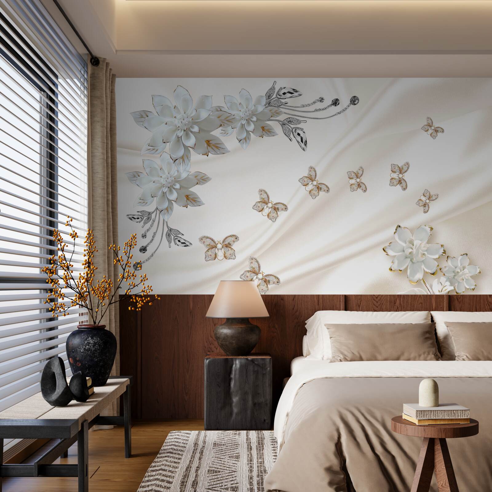 Fototapet fluturi de mătase flutură peste flori