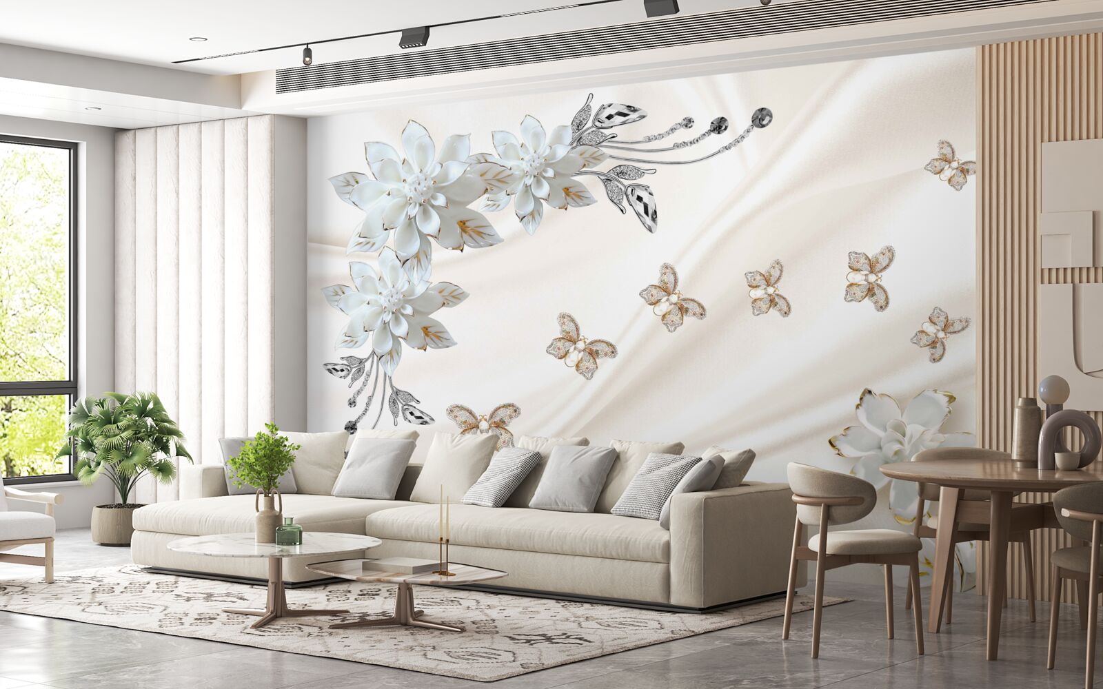 Fototapet fluturi de mătase flutură peste flori