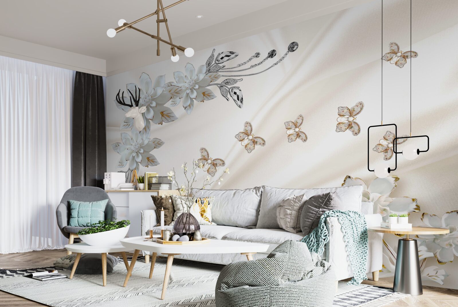 Fototapet fluturi de mătase flutură peste flori