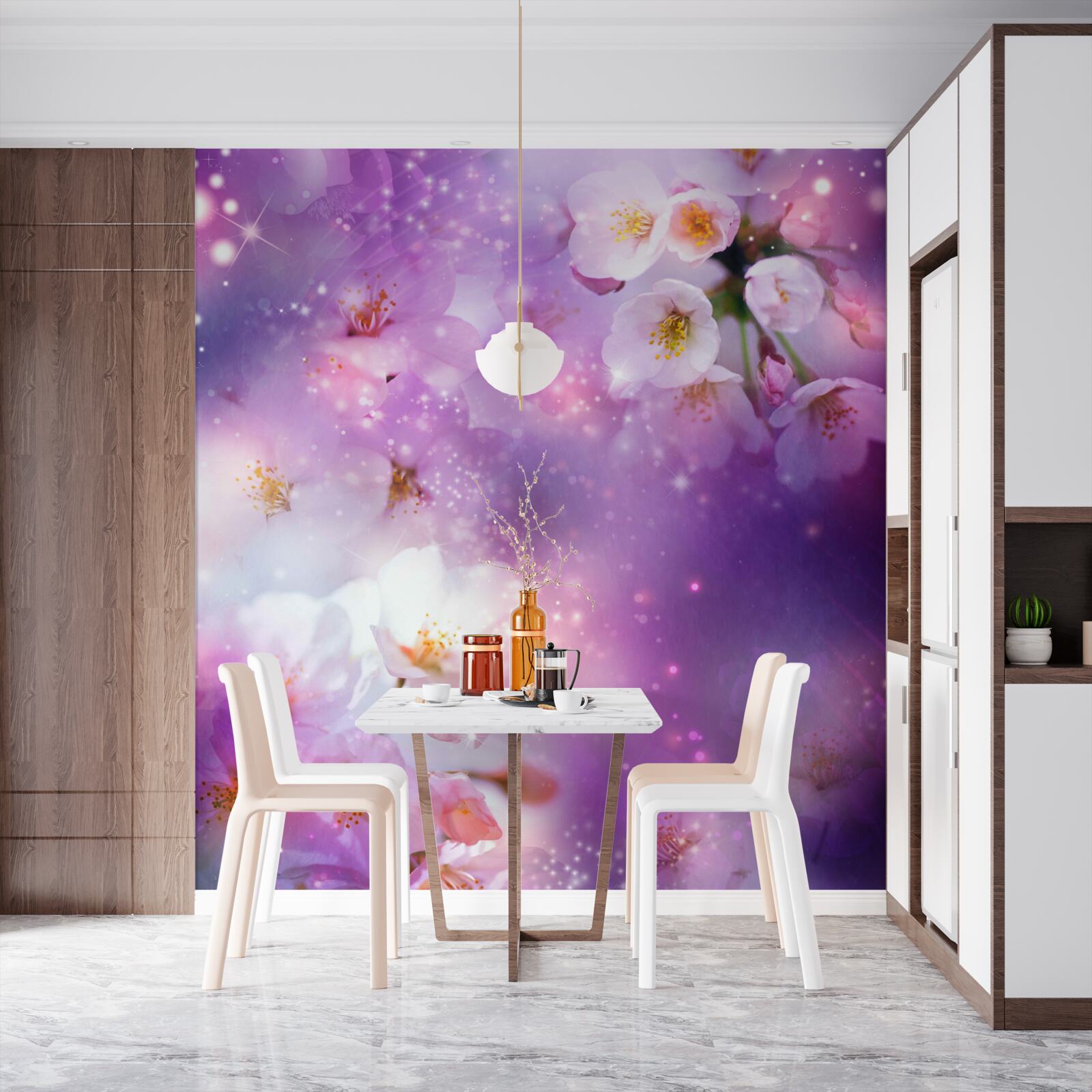 Fototapet flori luminoase pe un fundal de liliac