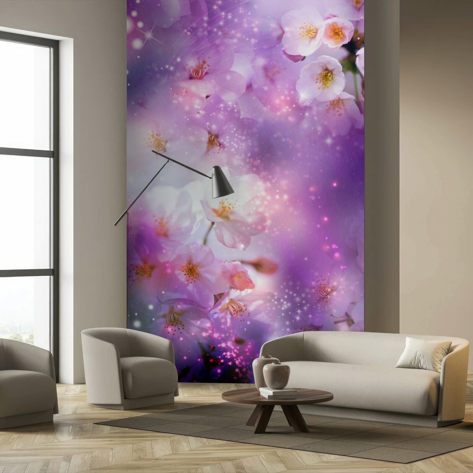 Fototapet flori luminoase pe un fundal de liliac