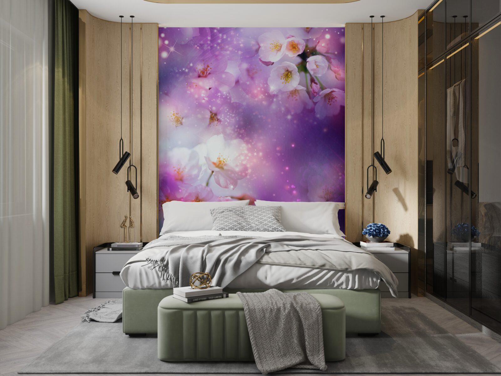 Fototapet flori luminoase pe un fundal de liliac