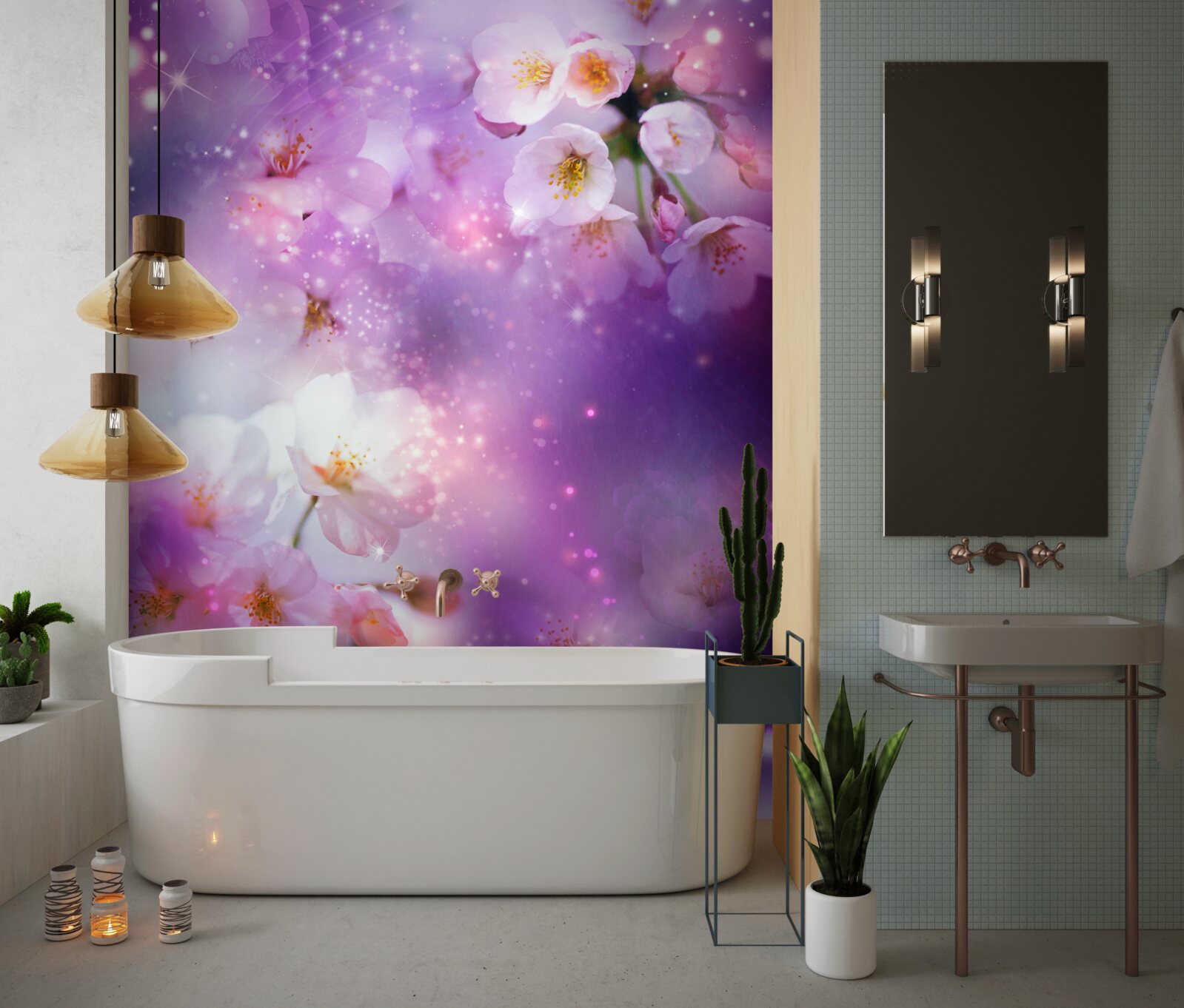 Fototapet flori luminoase pe un fundal de liliac