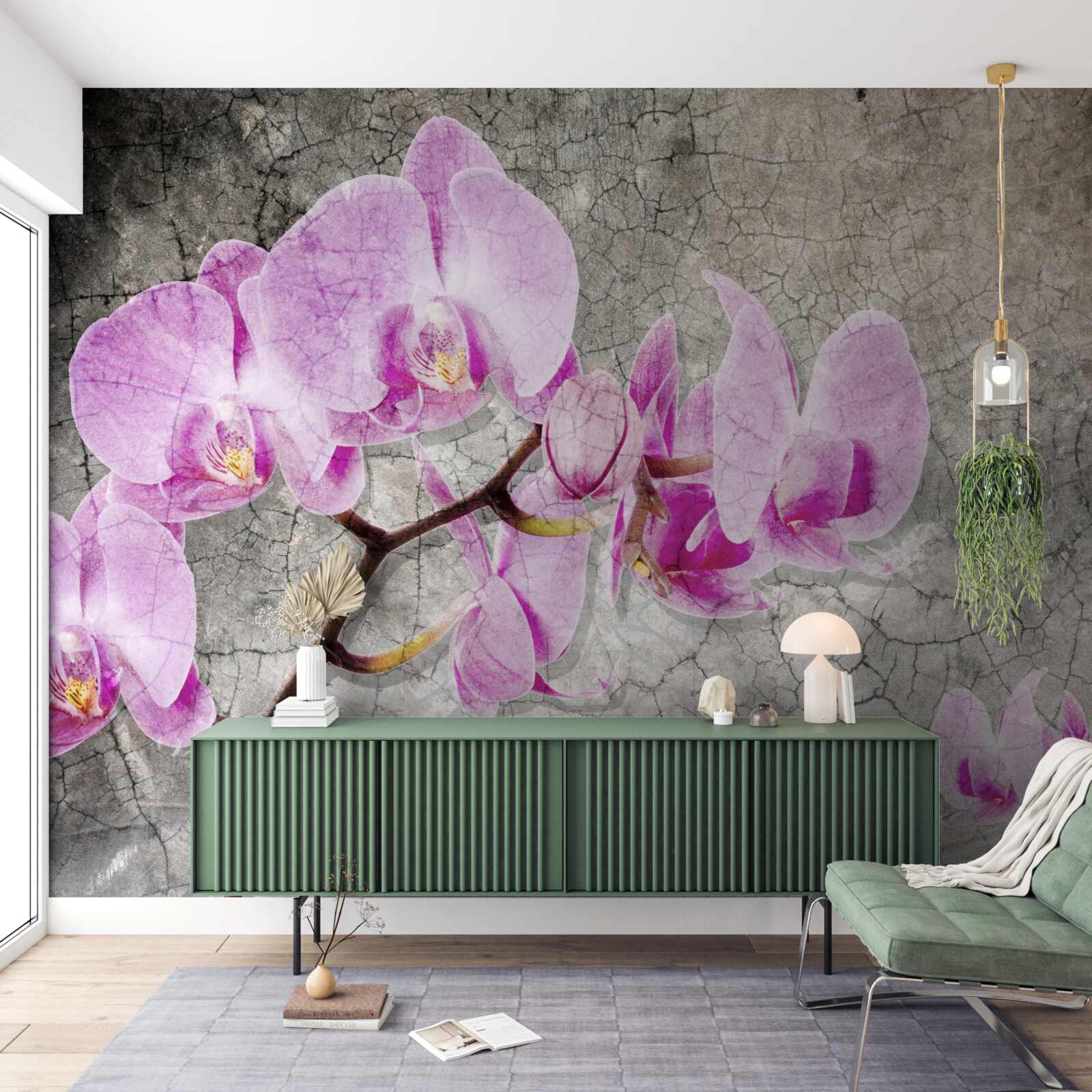 Fototapet ramuri de orhidee liliac pe un fundal gri