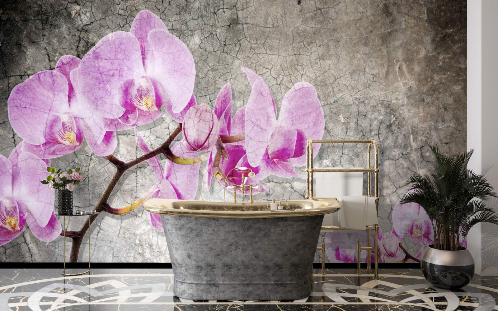 Fototapet ramuri de orhidee liliac pe un fundal gri