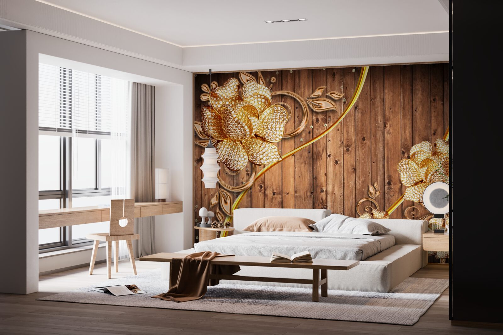 Fototapet flori aurii și ramuri pe un copac