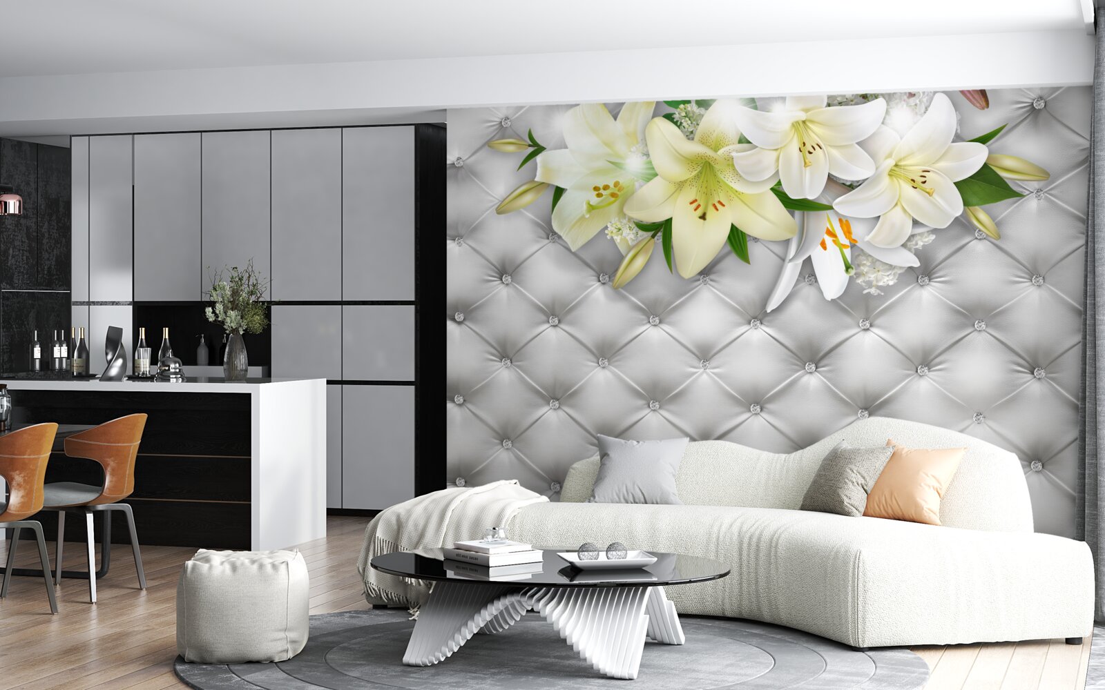 Fototapet țesătură cu perle într-un model floral alb