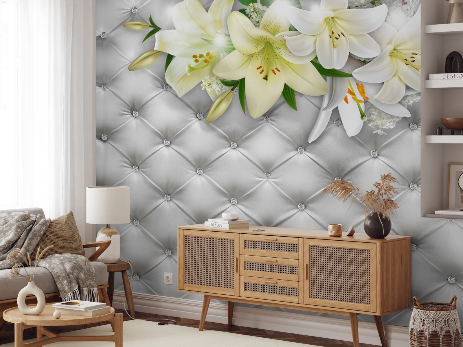 Fototapet țesătură cu perle într-un model floral alb