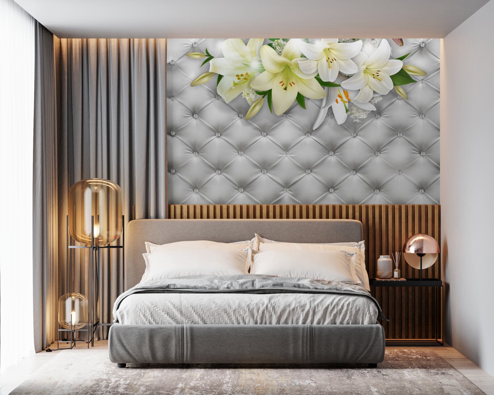 Fototapet țesătură cu perle într-un model floral alb