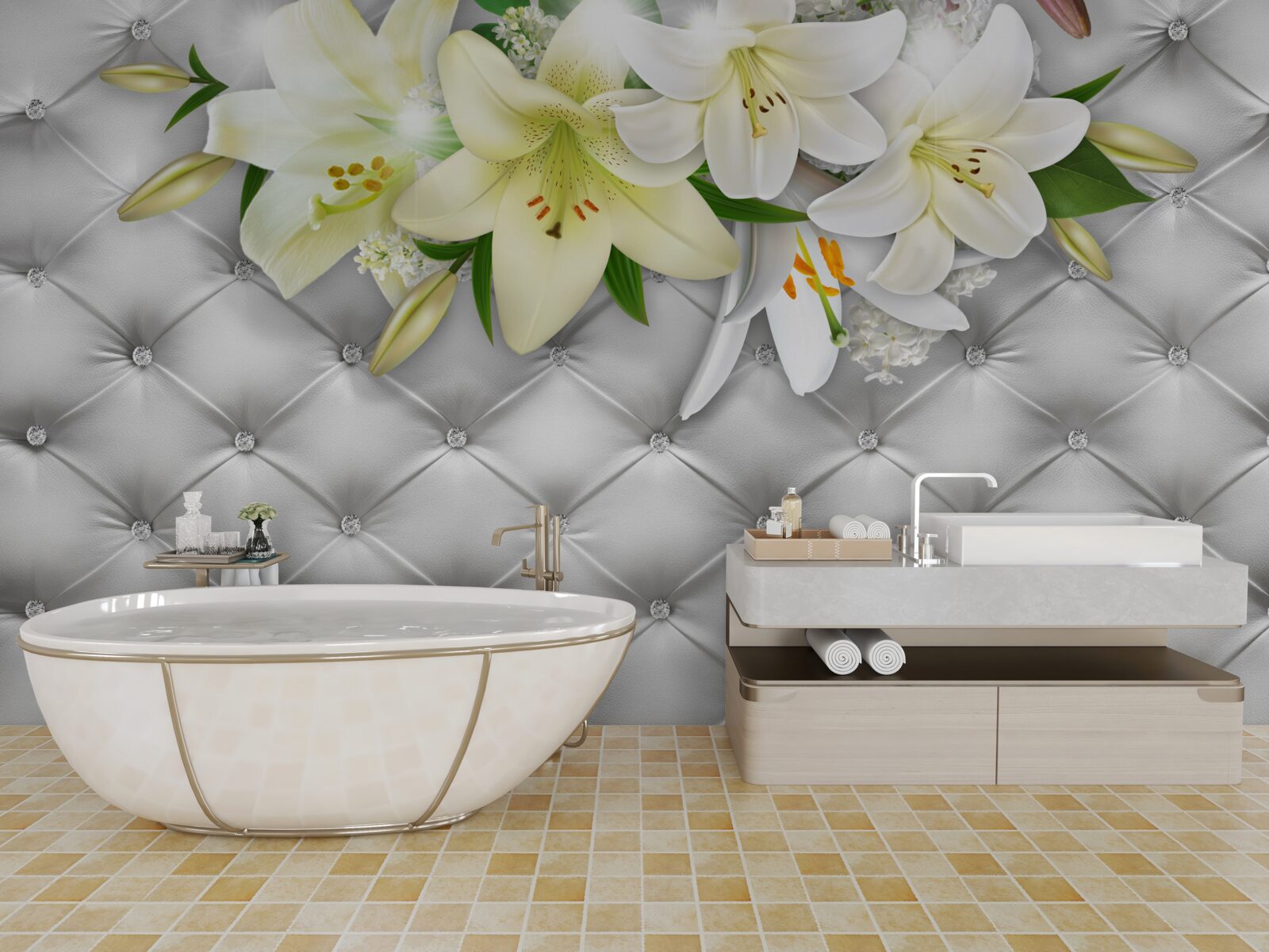 Fototapet țesătură cu perle într-un model floral alb