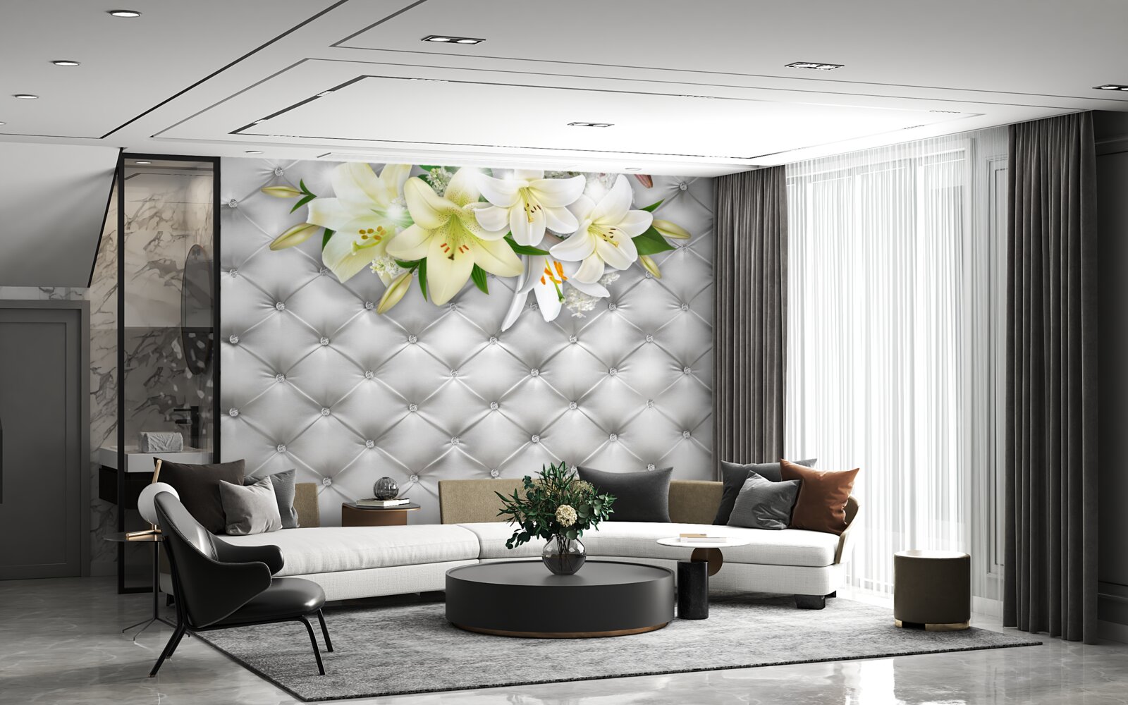 Fototapet țesătură cu perle într-un model floral alb