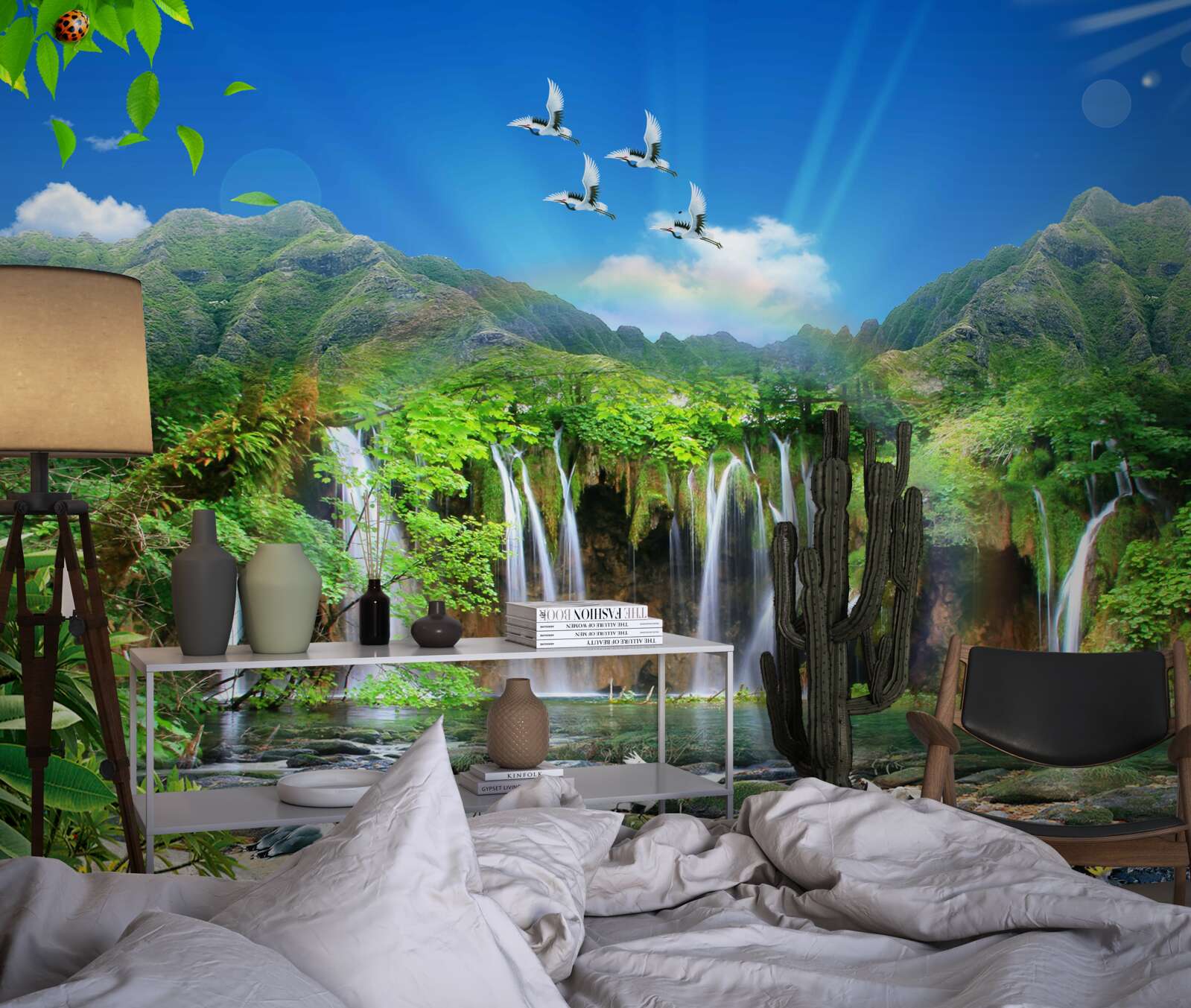 Fototapet păsările zboară deasupra cascadelor în regiunile tropicale