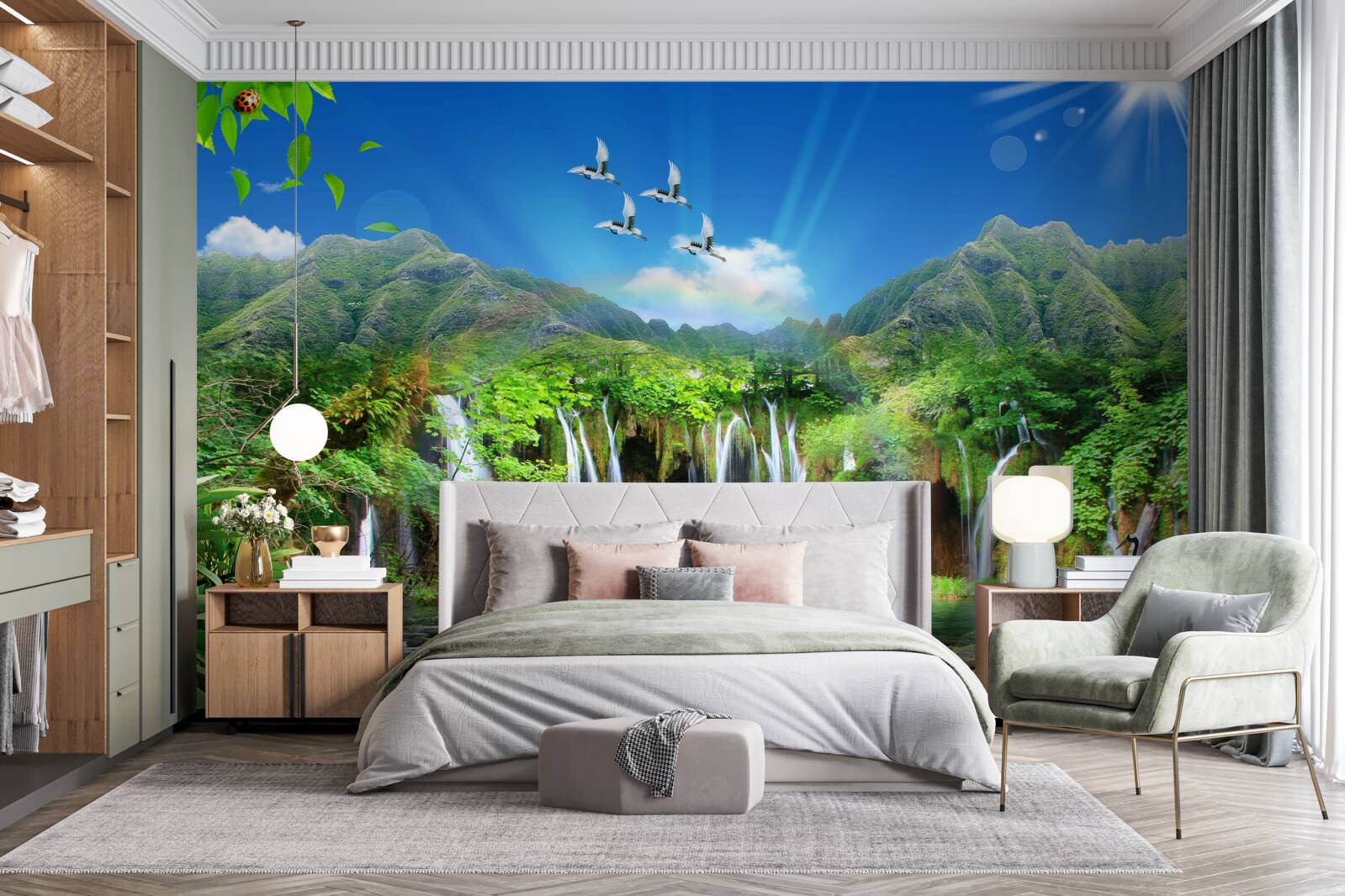 Fototapet păsările zboară deasupra cascadelor în regiunile tropicale