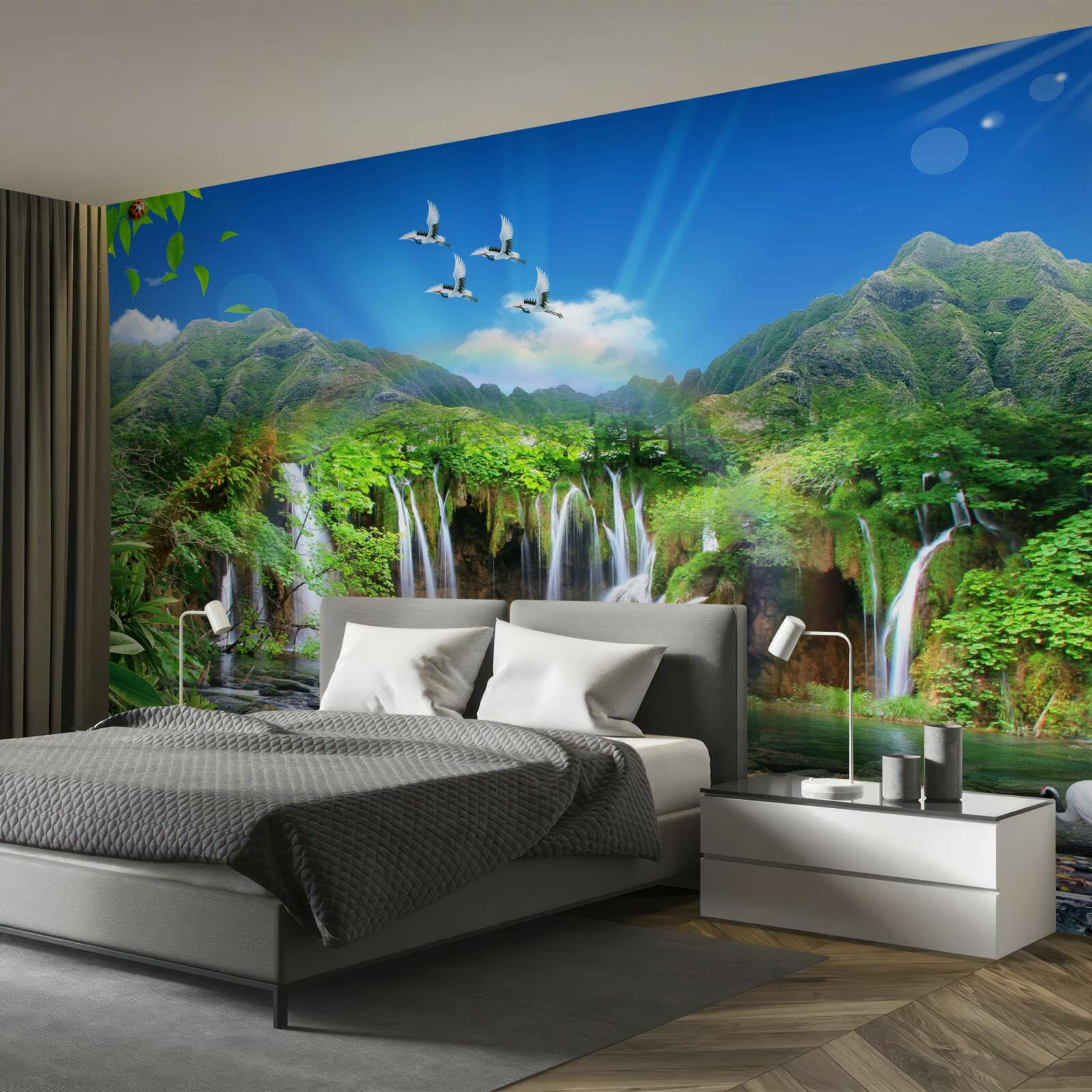 Fototapet păsările zboară deasupra cascadelor în regiunile tropicale