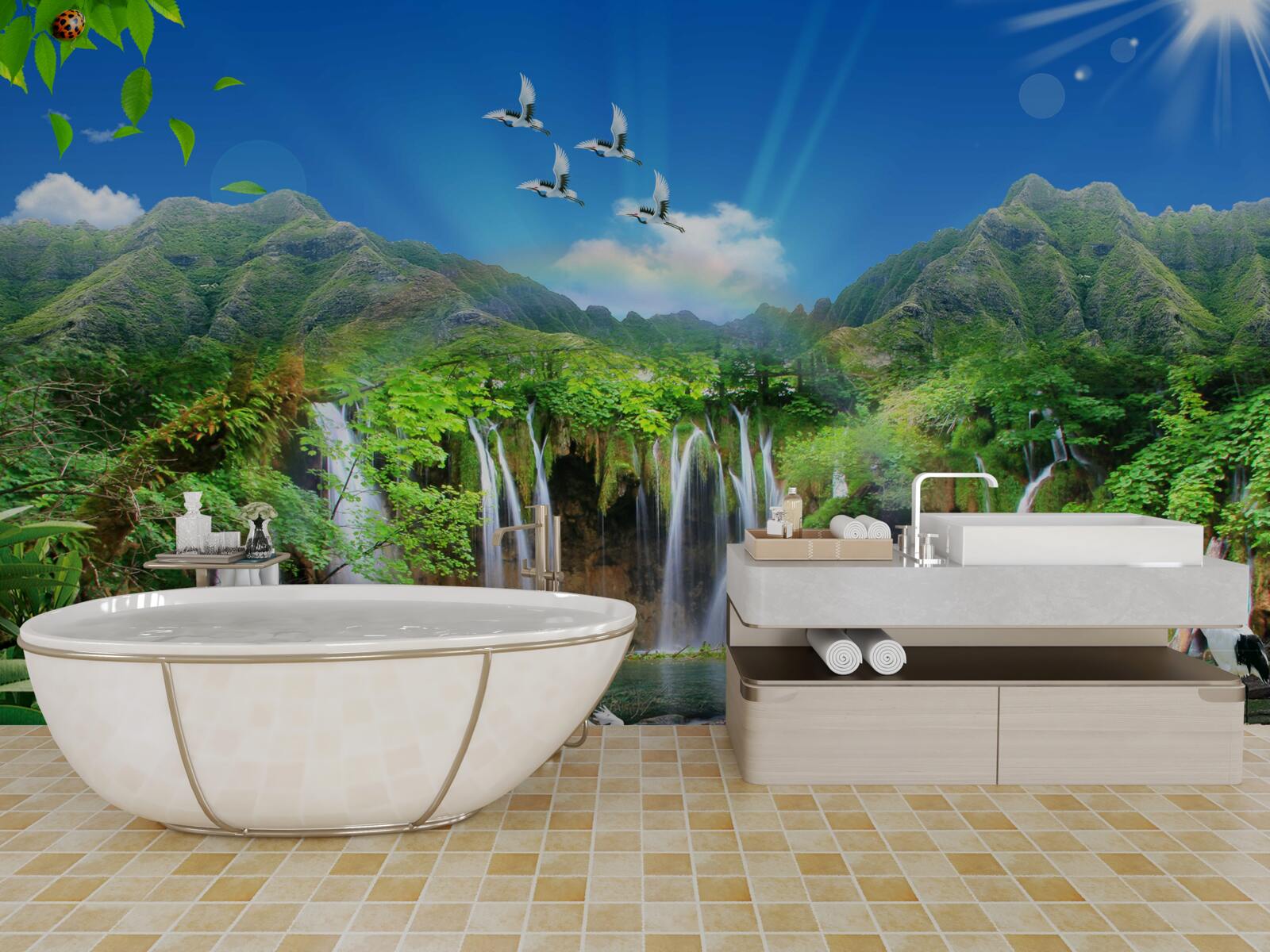 Fototapet păsările zboară deasupra cascadelor în regiunile tropicale