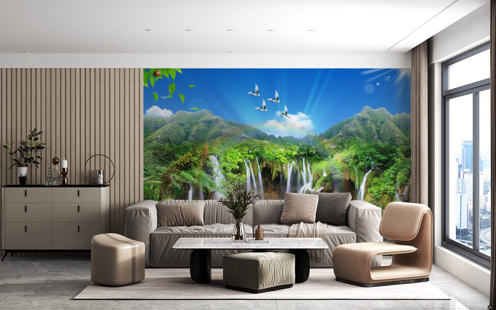 Fototapet păsările zboară deasupra cascadelor în regiunile tropicale