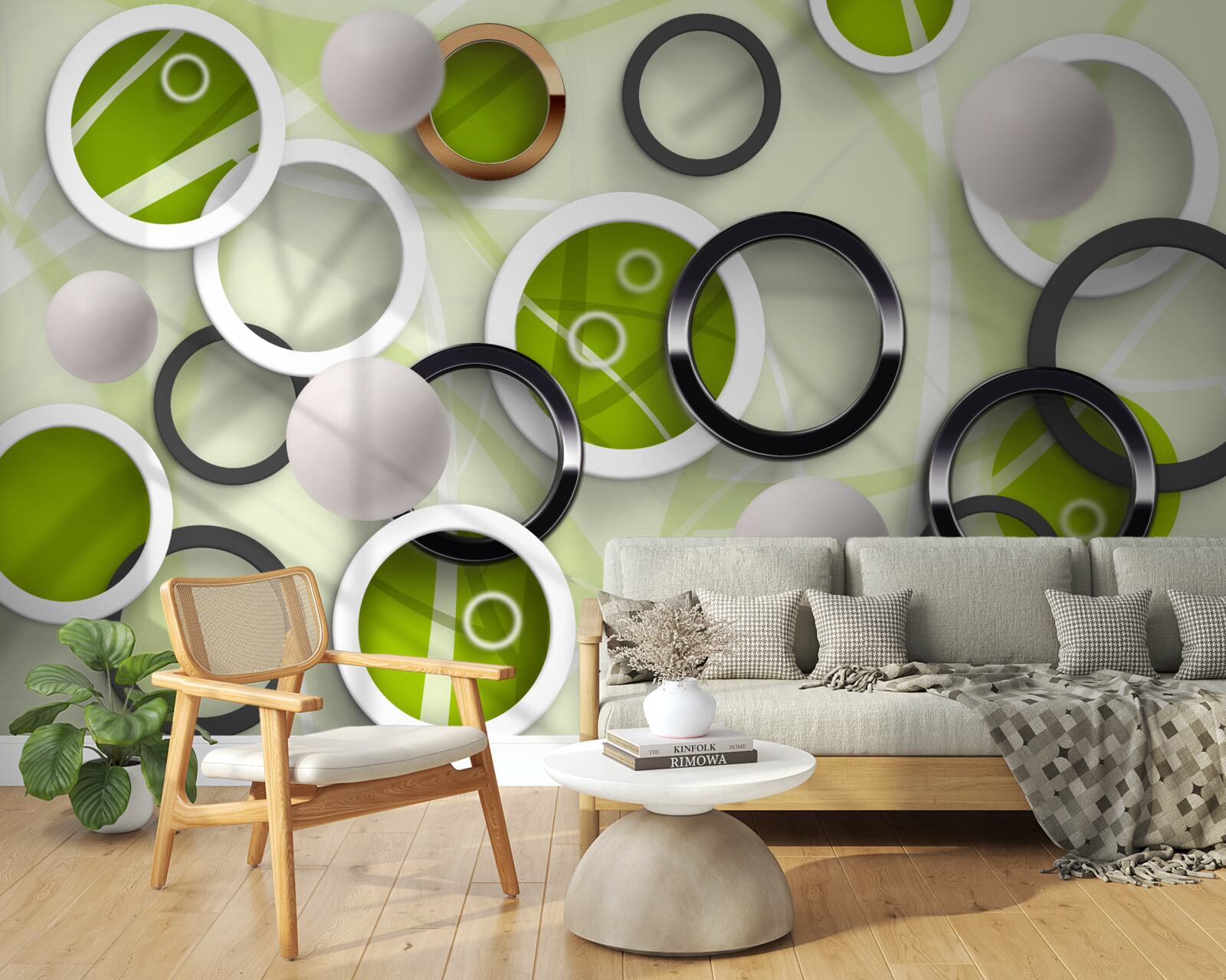 Fototapet cercuri abstracte cu elemente verzi