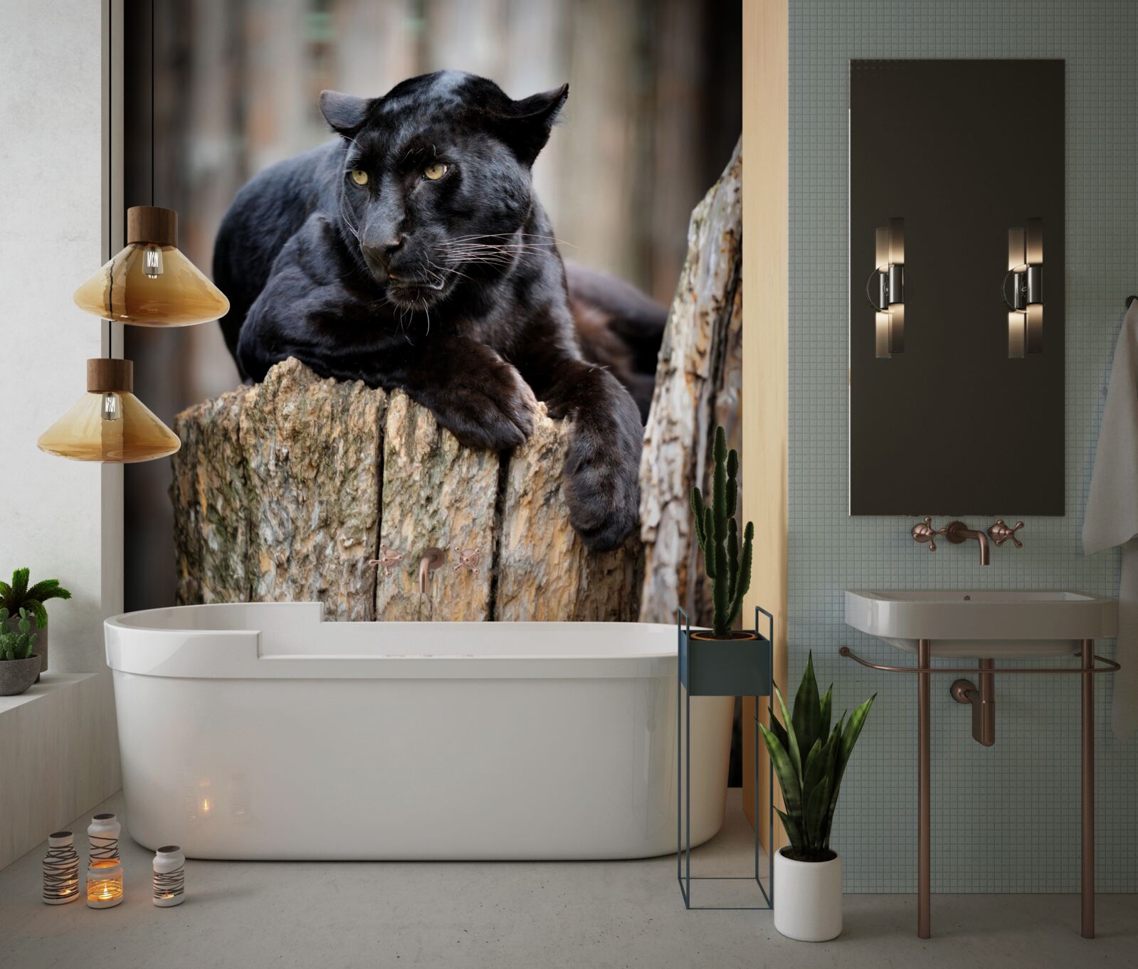 Fototapet o panteră neagră stă pe un copac