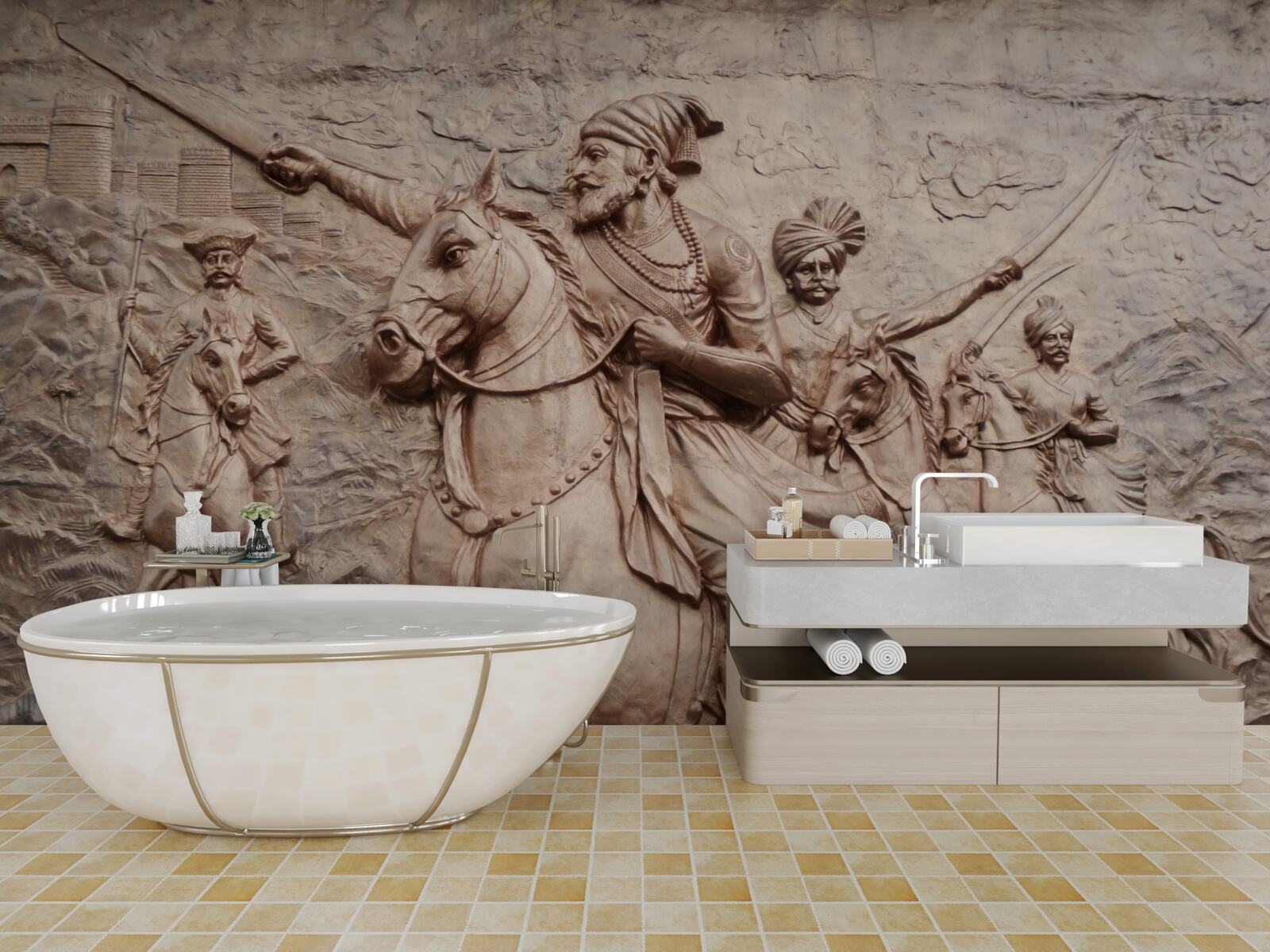 Fototapet relief reprezentând războinici luptând călare