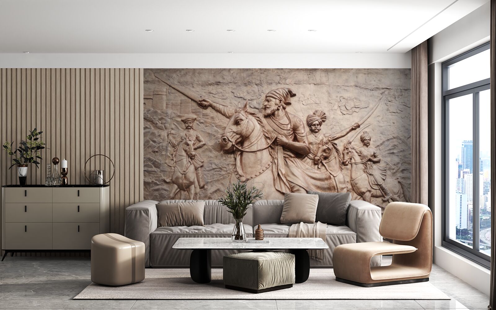 Fototapet relief reprezentând războinici luptând călare