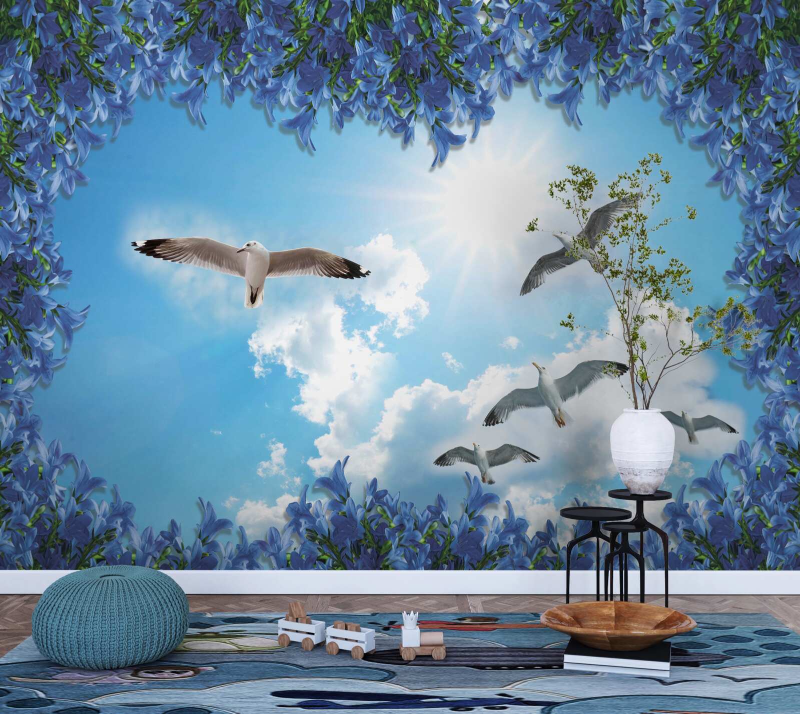 Fototapet pescărușii zboară pe cerul albastru