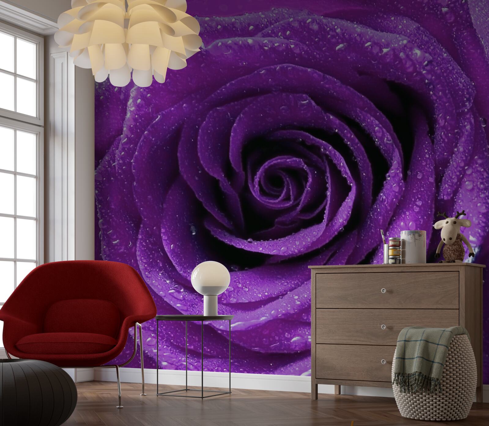 Fototapet picături mari de rouă pe petalele unui trandafir lila