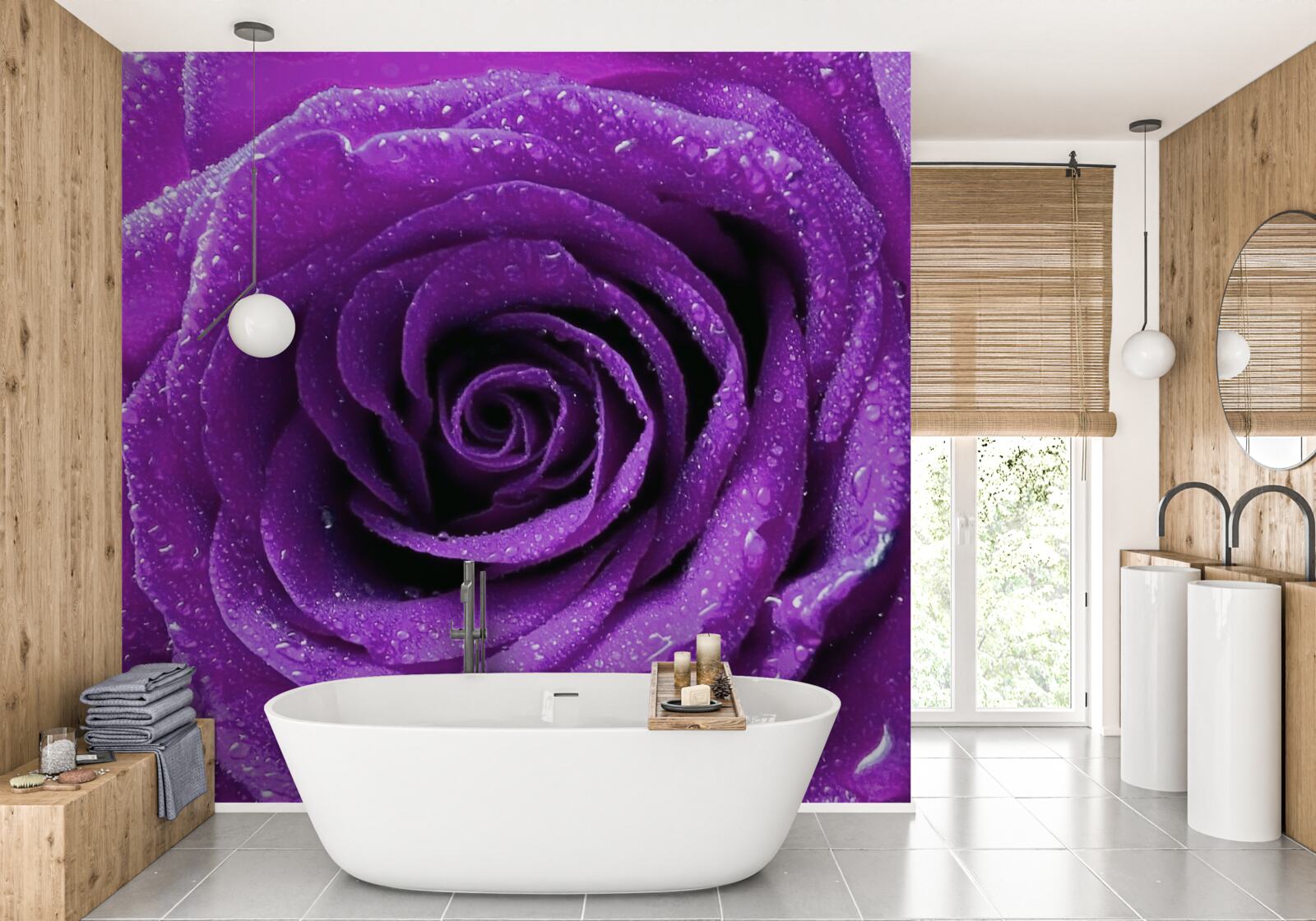 Fototapet picături mari de rouă pe petalele unui trandafir lila