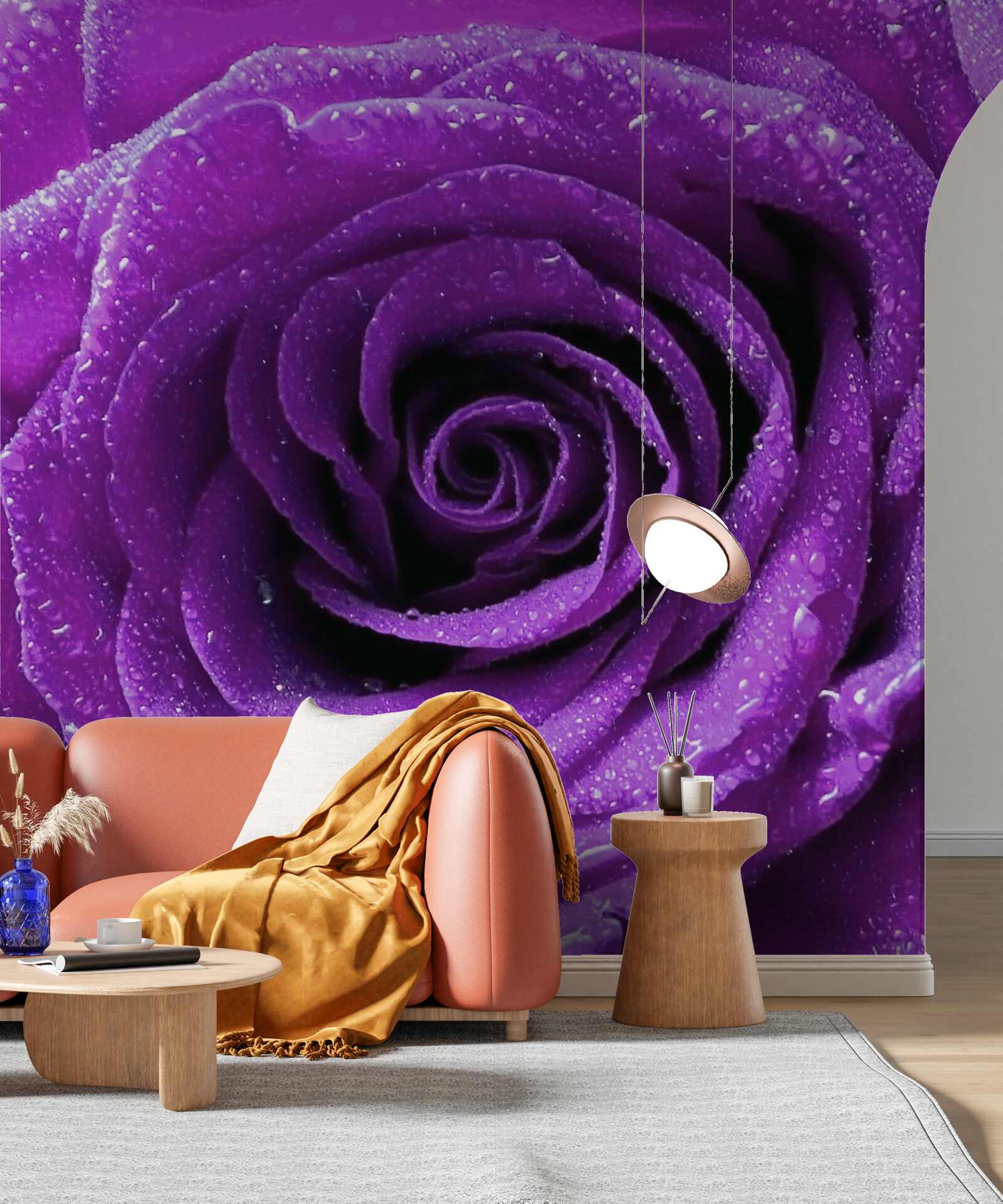 Fototapet picături mari de rouă pe petalele unui trandafir lila