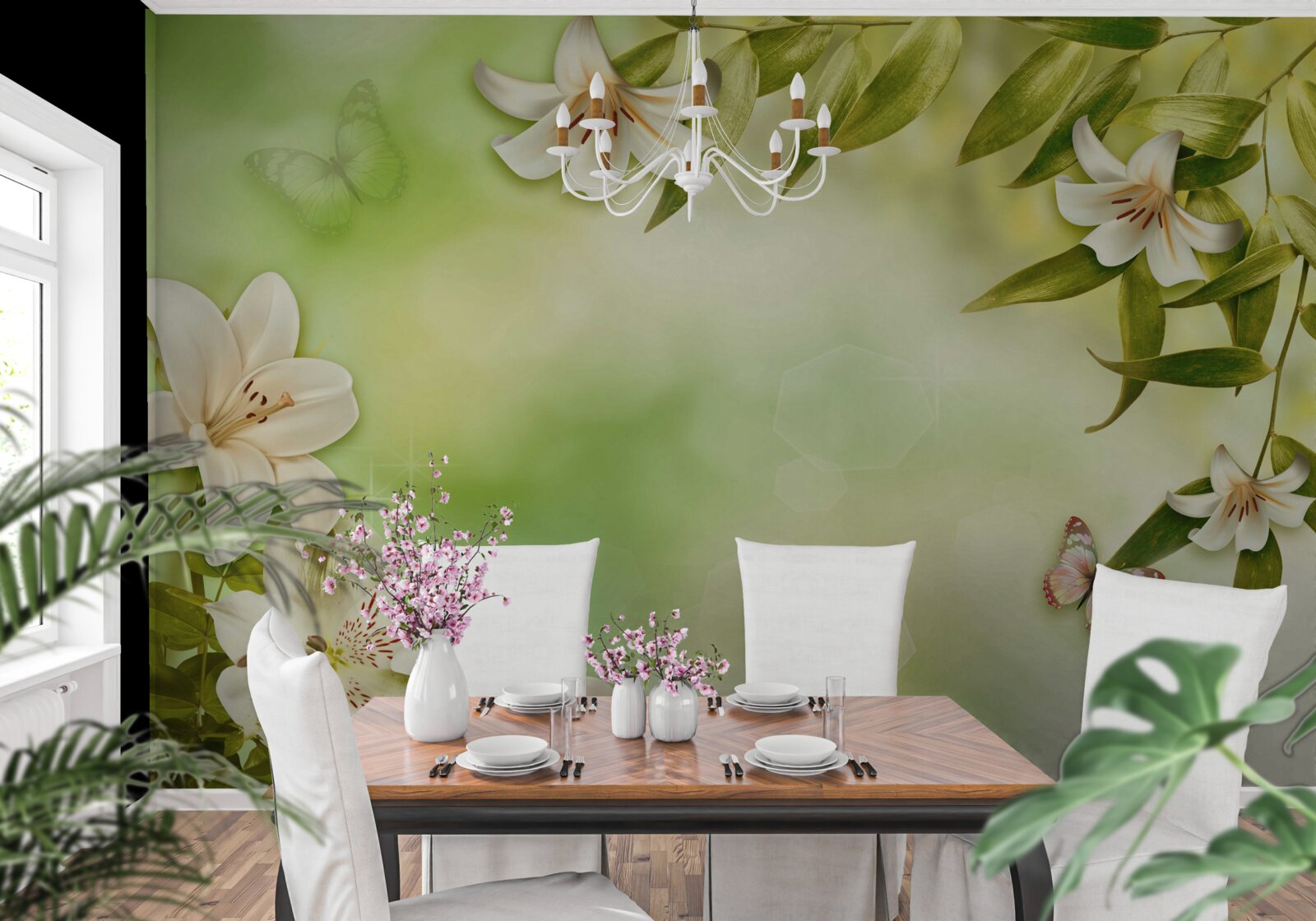 Fototapet flori de primăvară cu fluturi fluturând