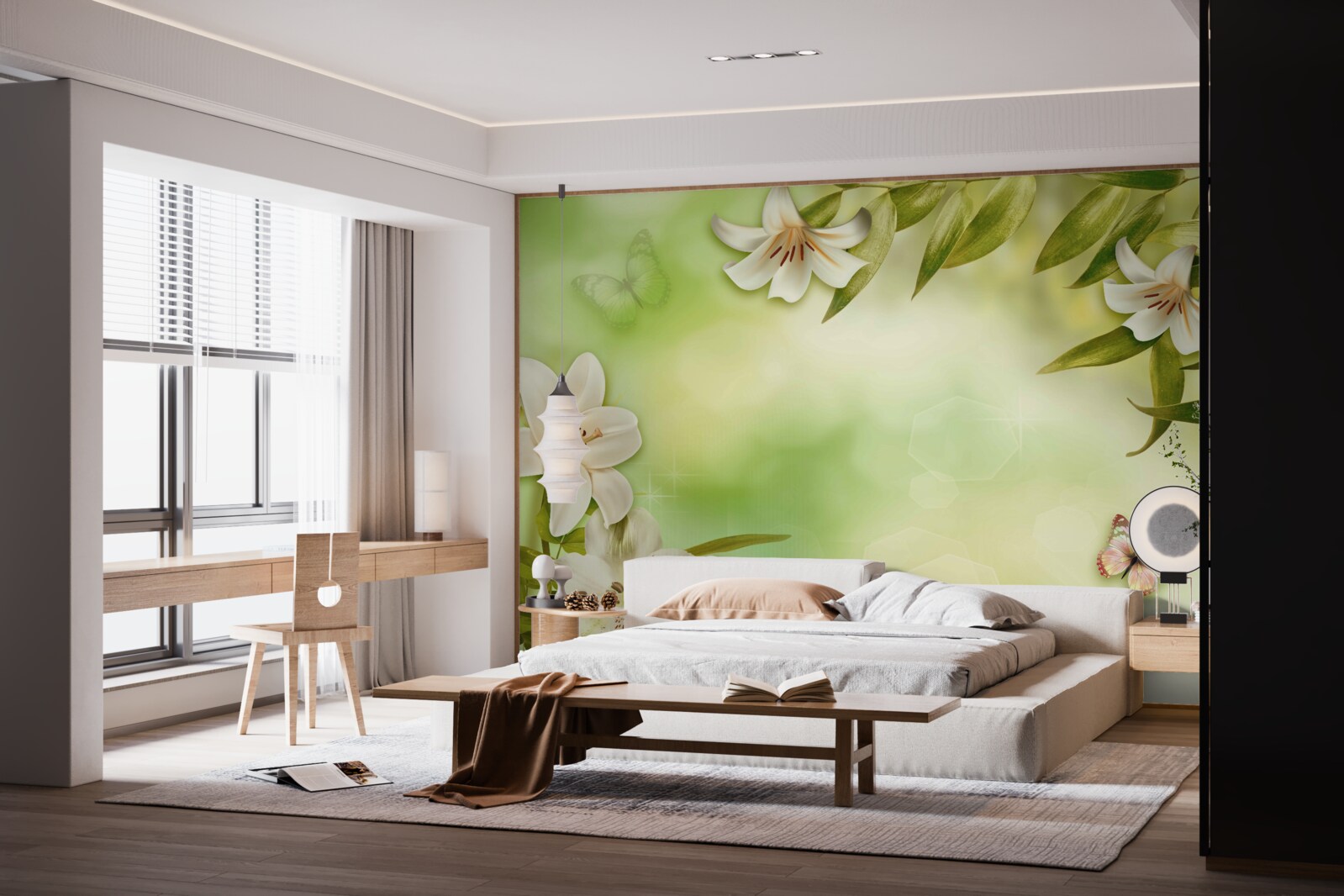 Fototapet flori de primăvară cu fluturi fluturând