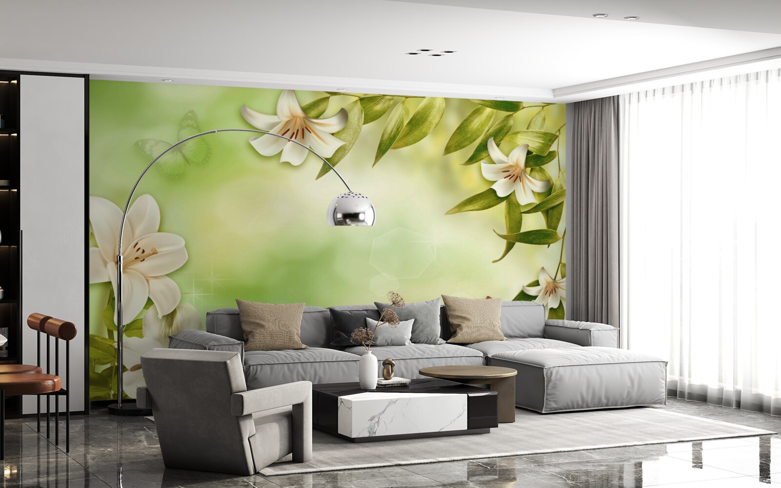 Fototapet flori de primăvară cu fluturi fluturând