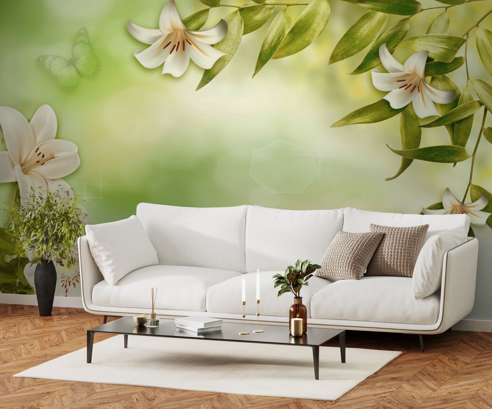 Fototapet flori de primăvară cu fluturi fluturând