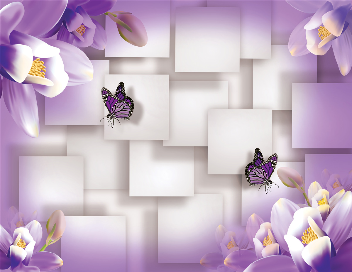 Fototapet flori albe și fluturi sunt vizibile pe un fundal abstract de liliac